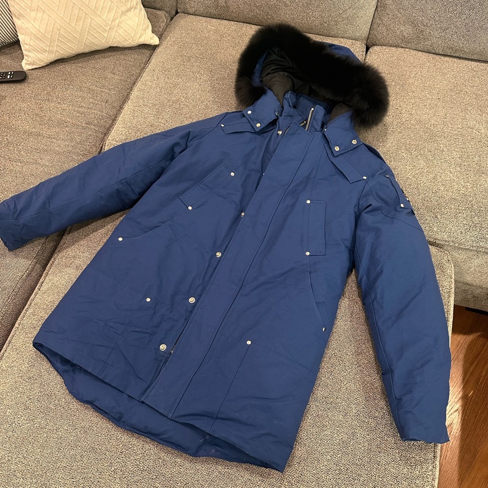 Moose Knuckles Blue Stirling Parka with Black Fur Trim